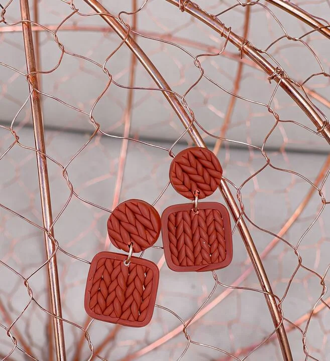 Layered Knit Clay Dangle Earrings - Red