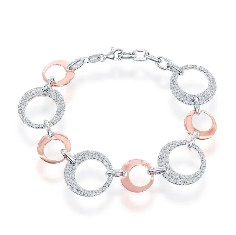 Sterling Silver Rose GP Shiny and Large CZ Open Circle Bracelet