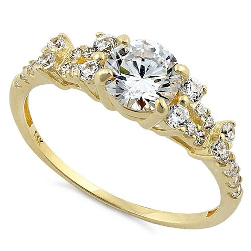 Solid 14K Yellow Gold Engagement Round Clear CZ Ring