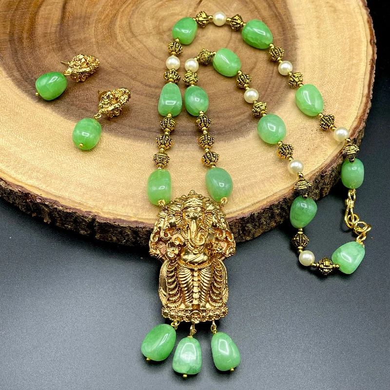 Handmade Panchamukha Ganesha Green Agate Beads Mala Necklace Set