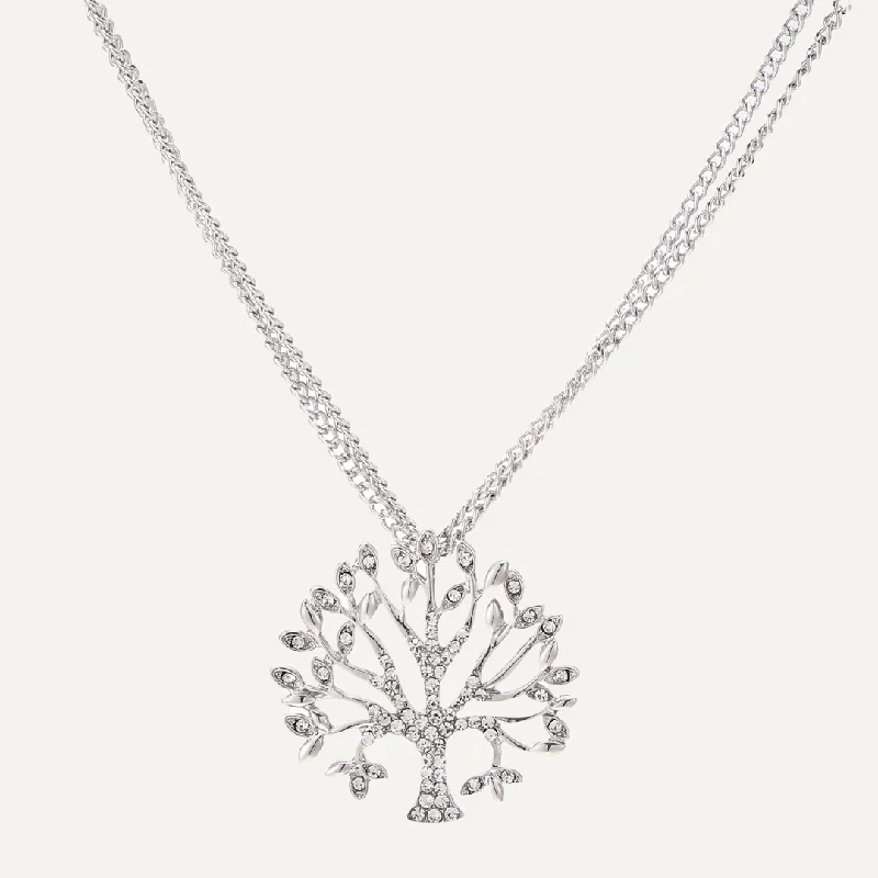 Multi-Chain Tree Of Life Crystal Necklace In Silver Tone