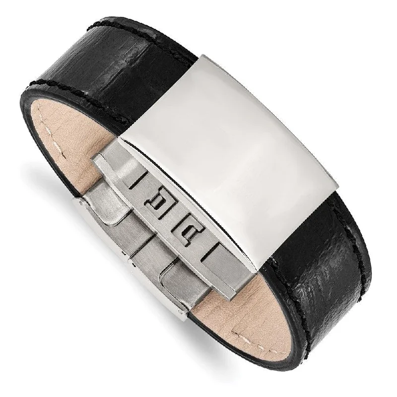 Stainless Steel Polished Black Leather ID Bracelet