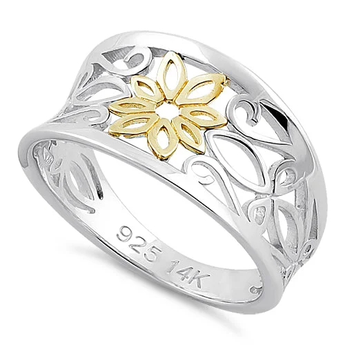 Solid 14K Yellow Gold & Sterling Silver Filigree Flower Ring