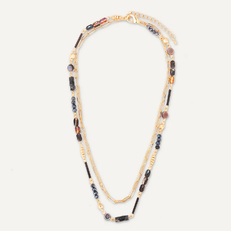 Black Semi-Precious Stone Short Multi-Row Necklace In Gold-Tone