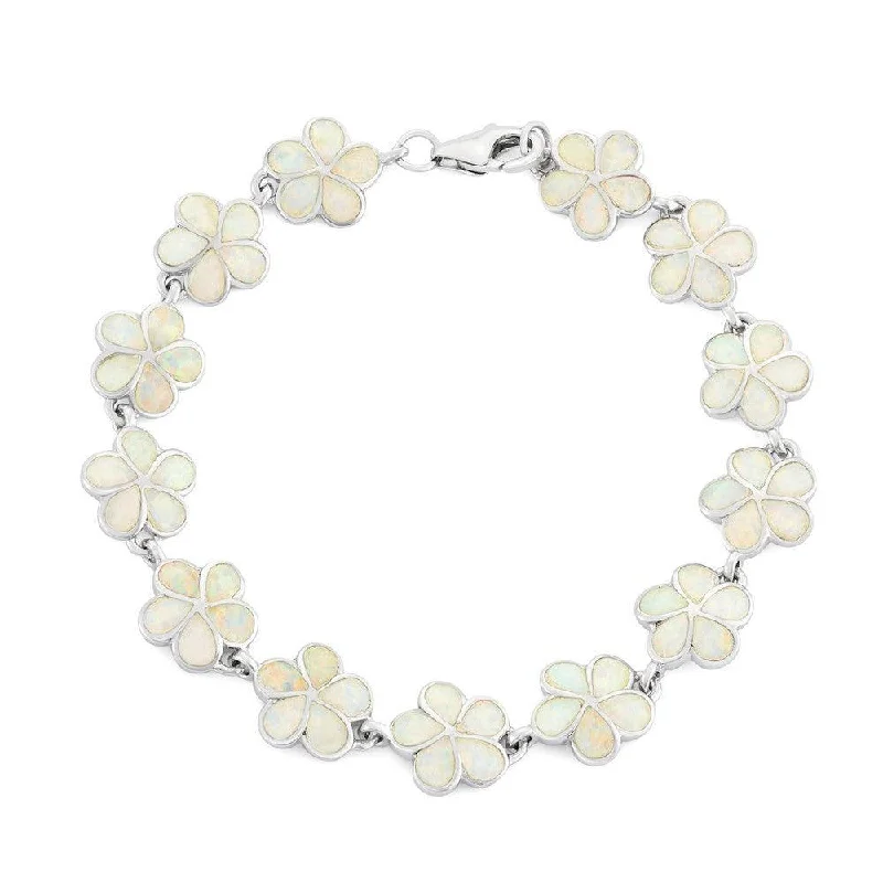 Sterling Silver White Inlay Opal Flower Link Bracelet, 7"