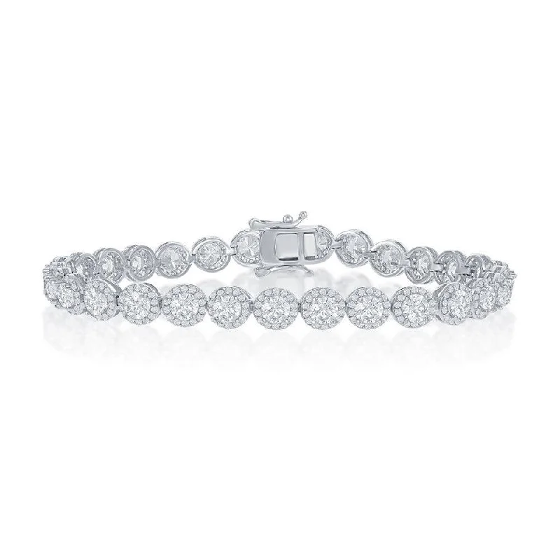 Sterling Silver Round Halo CZ Linked Bracelet, 7.5"