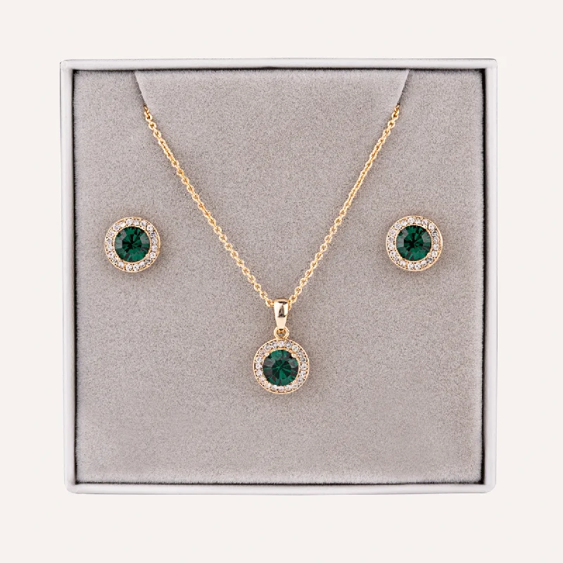 May Emerald-Colour Birthstone Necklace & Earring Set In Gold-Tone