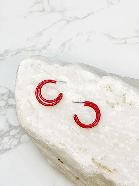 Enamel Double Open Hoop Earrings - Burgundy