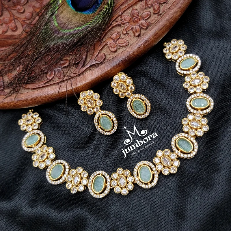 Floral Mint Green & White AD Zircon Necklace