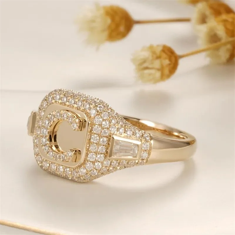 Solid 14k Yellow Gold C Letter Diamond Women's Engagement Ring