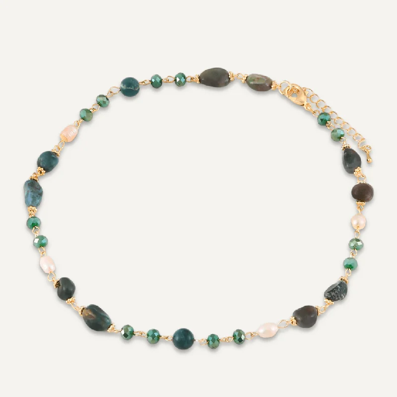 Green Semi-Precious Stone, Crystal & Fresh Water Pearls Short Necklace In Gold-Tone