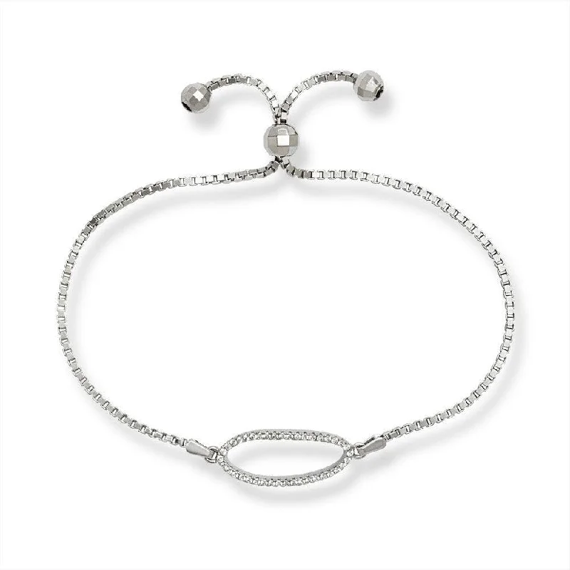 Sterling Silver Center Open CZ Oval with Beads Box Chain Bracelet