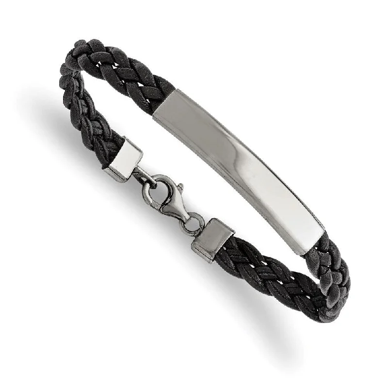 Stainless Steel Polished Leather ID Bracelet