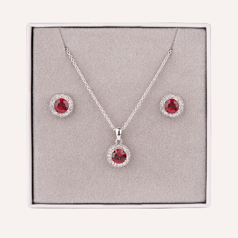 July Ruby-Colour Birthstone Necklace & Earring Set In Silver-Tone