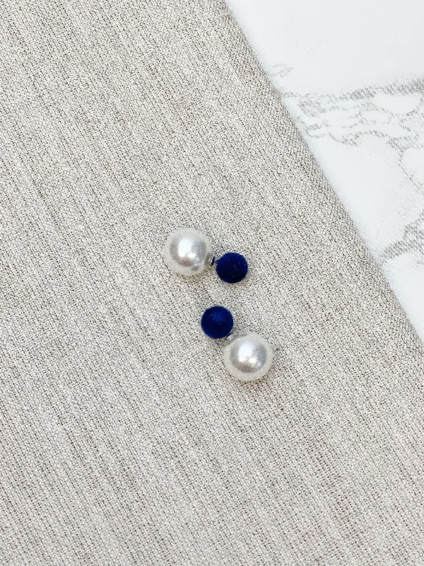 Navy Blue Velvet Back Pearl Stud Earrings