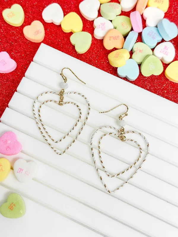 Wrapped Double Heart Dangle Earrings - White