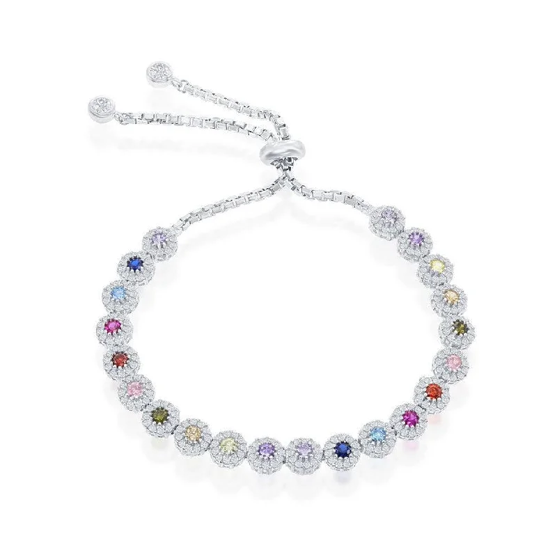 Sterling Silver Round Rainbow CZ Adjustable Bolo Bracelet