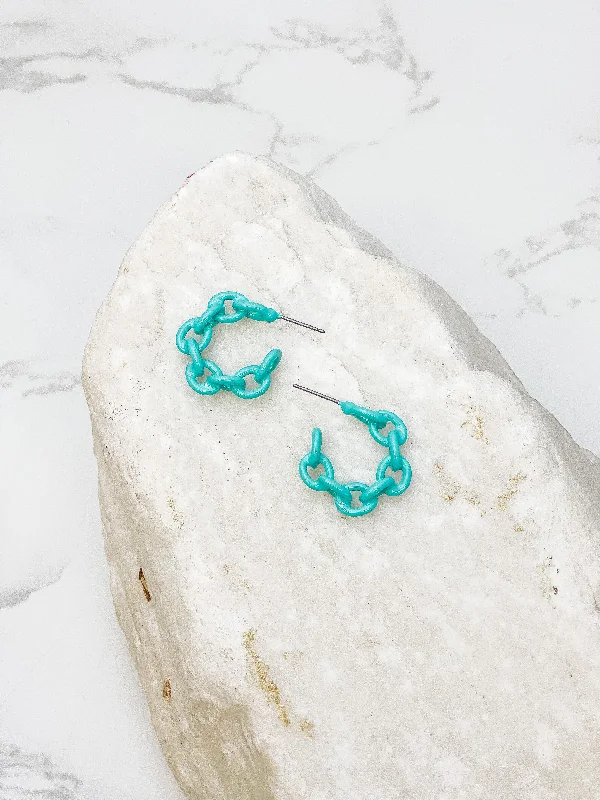 Mini Link Enamel Hoop Earrings - Turquoise