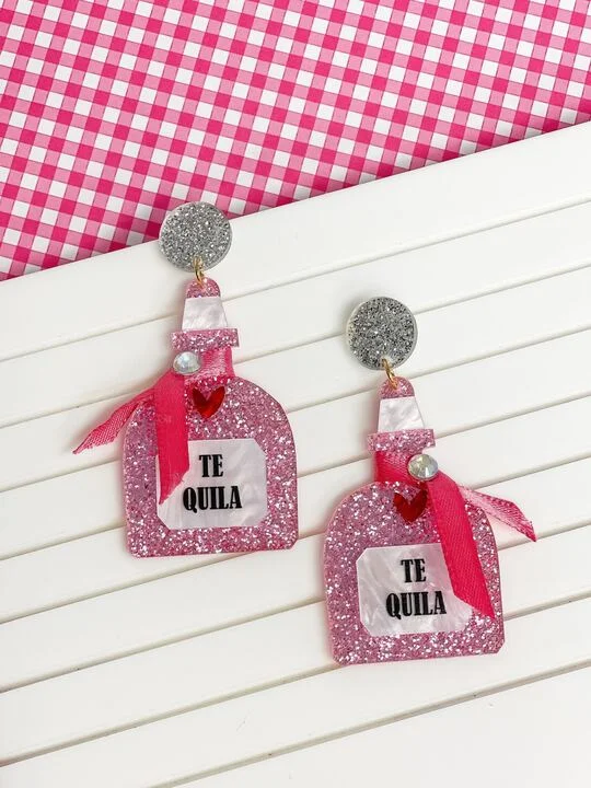 Pink Glitter Tequila Dangle Earrings