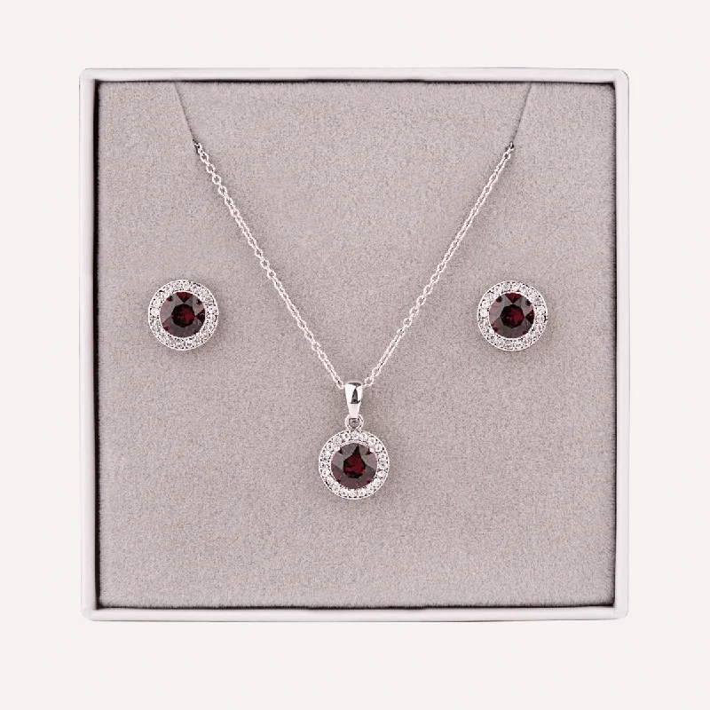 January Garnet-Colour Birthstone Necklace & Earring Set In Silver-Tone