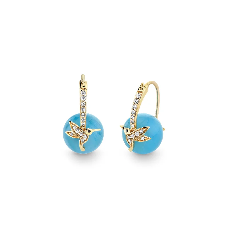 Gold & Diamond Hummingbird Aquamarine Earrings