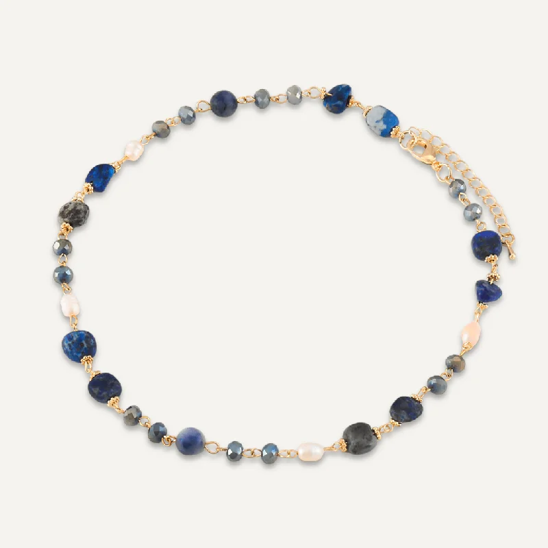 Blue Semi-Precious Stone, Crystal & Fresh Water Pearls Short Necklace In Gold-Tone