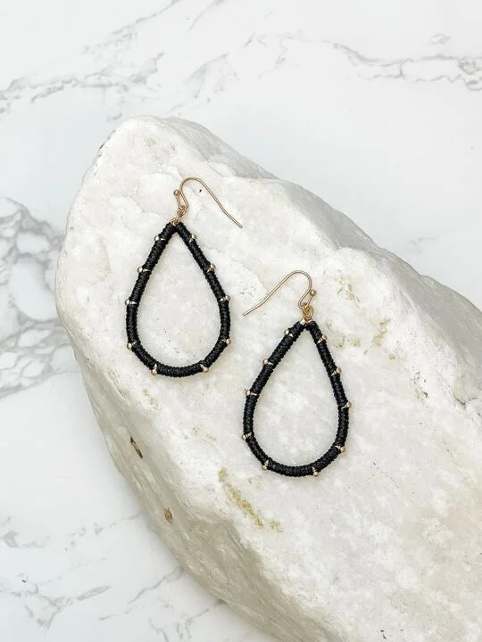 Teardrop Threaded Dangle Earrings - Black