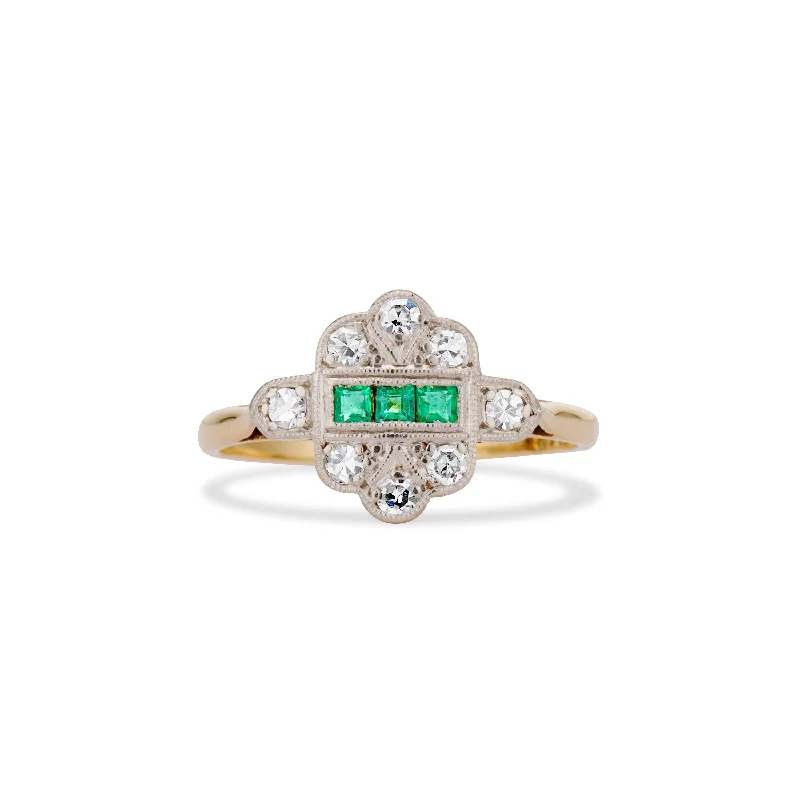 Mid Century Deco Revival Diamond and Emerald Ring