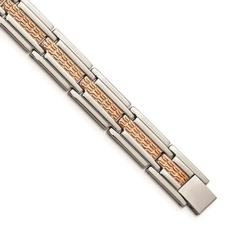 Stainless Steel Polished and Textured Rose Gold-plated 8.5 inch Bracelet