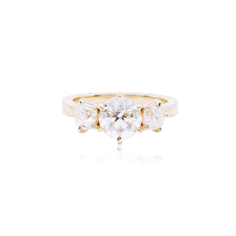 18K YELLOW GOLD BRUSHED SATIN 3-STONE EUROPEAN AND OLD MINE CUT DIAMOND RING