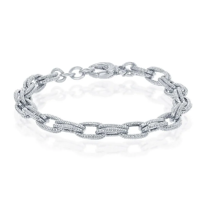 Sterling Silver Rope Design Double Oval Linked Bracelet; MADE IN ITALY