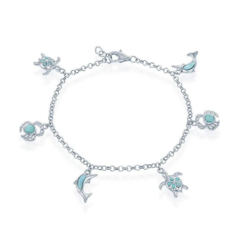 Sterling Silver Larimar Turtle, Crab and Dolphin Charms Bracelet