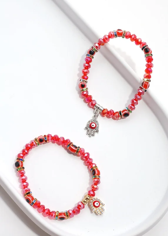 Red Hamsa Hand Bracelet with Multi Rhinestones