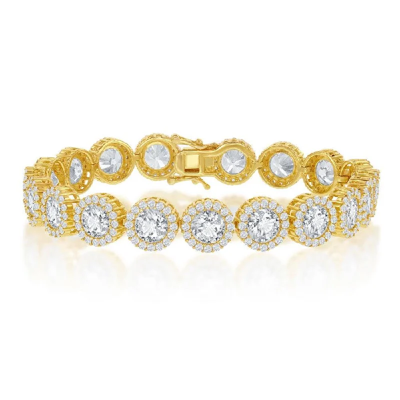 Sterling Silver GP Round Halo CZ Linked Bracelet, 7.5"