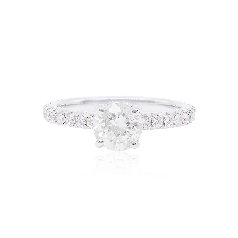 18K White Gold 0.99CT Round Brilliant Cut Diamond Engagement Ring With Diamond Accents