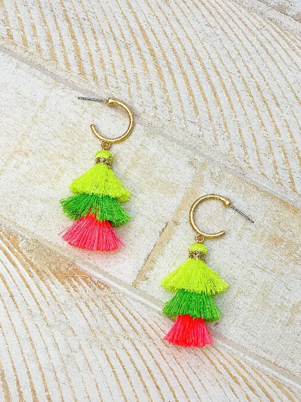 Triple Tassel Hoop Dangle Earrings - Neon