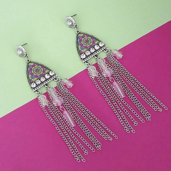 Urthn White Stone Rhodium Plated Chain Drop Tassel Earrings  - 1311826F