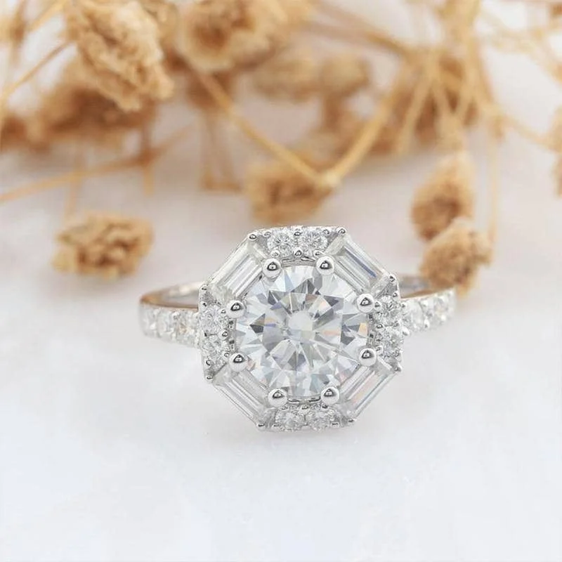 Solid 14k White Gold 1.5ct 7.5mm Diamond Halo Engagement Ring