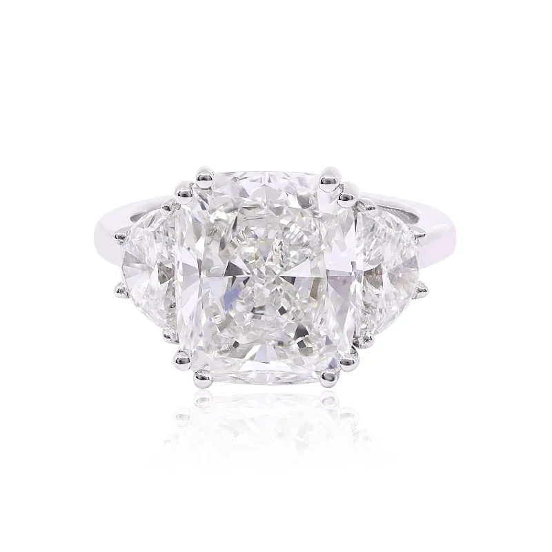 PLATINUM 7.02CT CUSHION-CUT DIAMOND AND 1.71CTW HALF-MOON DIAMOND THREE-STONE ENGAGEMENT RING