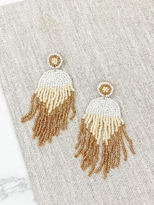 Geo Seed Bead Fringe Dangle Earrings - Ivory