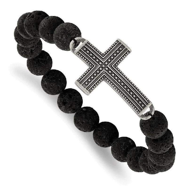 Stainless Steel Antiqued GunMetal IP w/Lava Stone Cross Stretch Bracelet