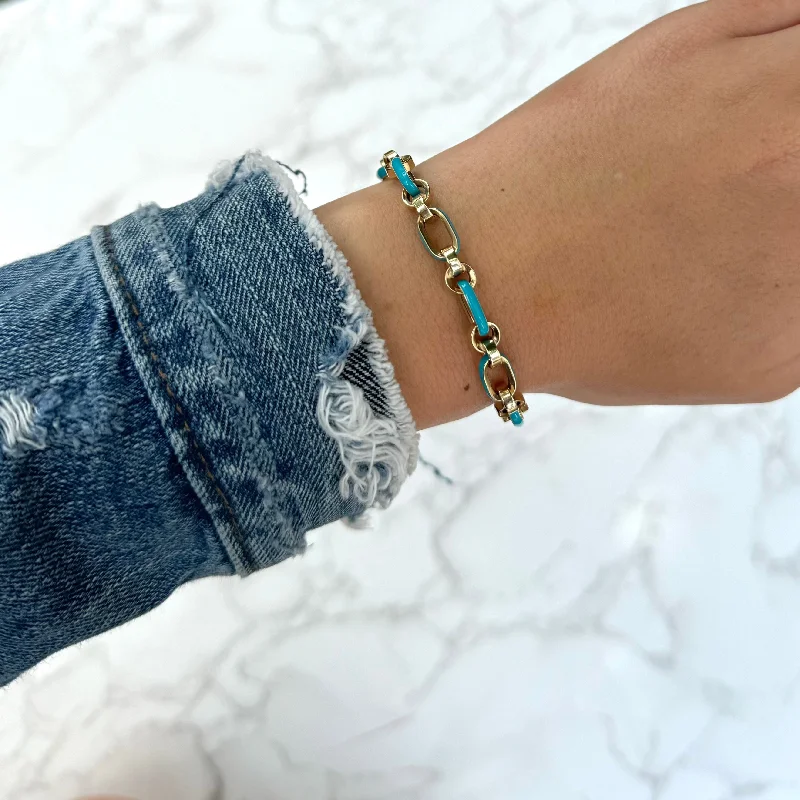 14K GOLD TURQUOISE ENAMEL DEVIN LINK BRACELET