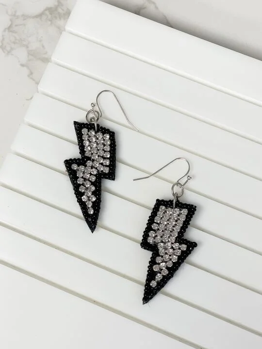 Glitzy Lightning Bolt Beaded Dangle Earrings - Black