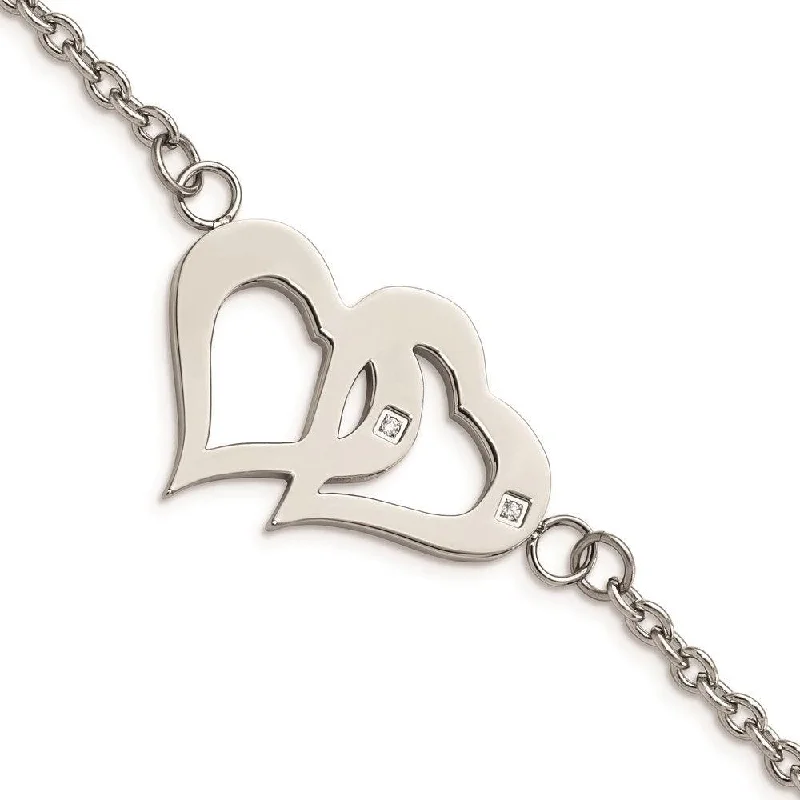 Stainless Steel Polished Hearts with CZs 6.5in w/1.25in. ext. Bracelet