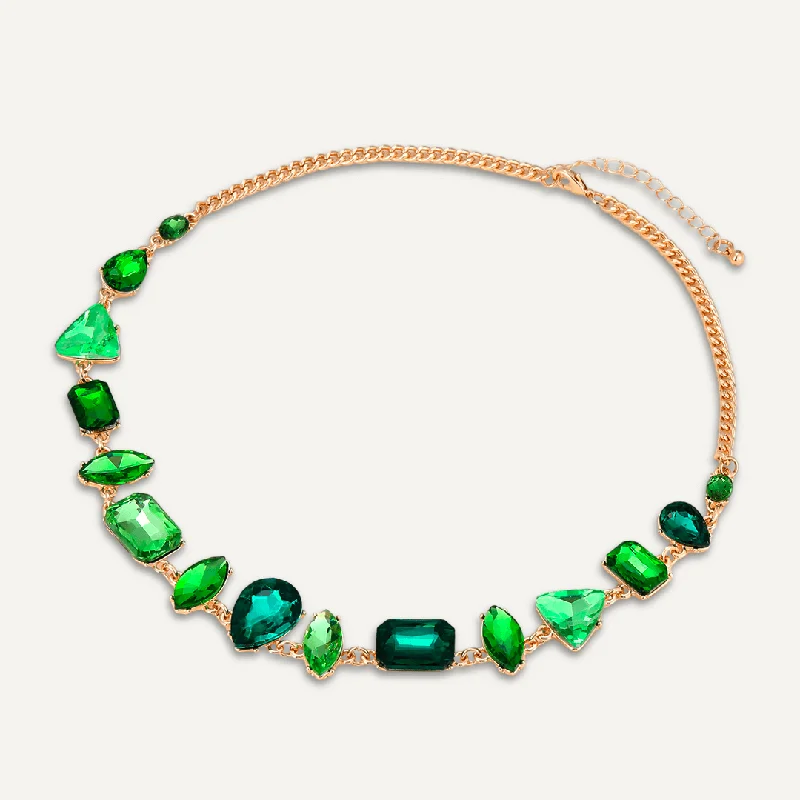 Emerald-Colour Short Necklace In Gold-Tone