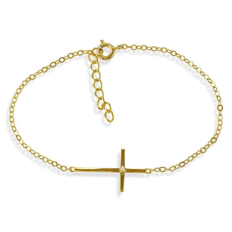 Sterling Silver Single Gold Plated CZ Sideways Cross Bracelet, 7"