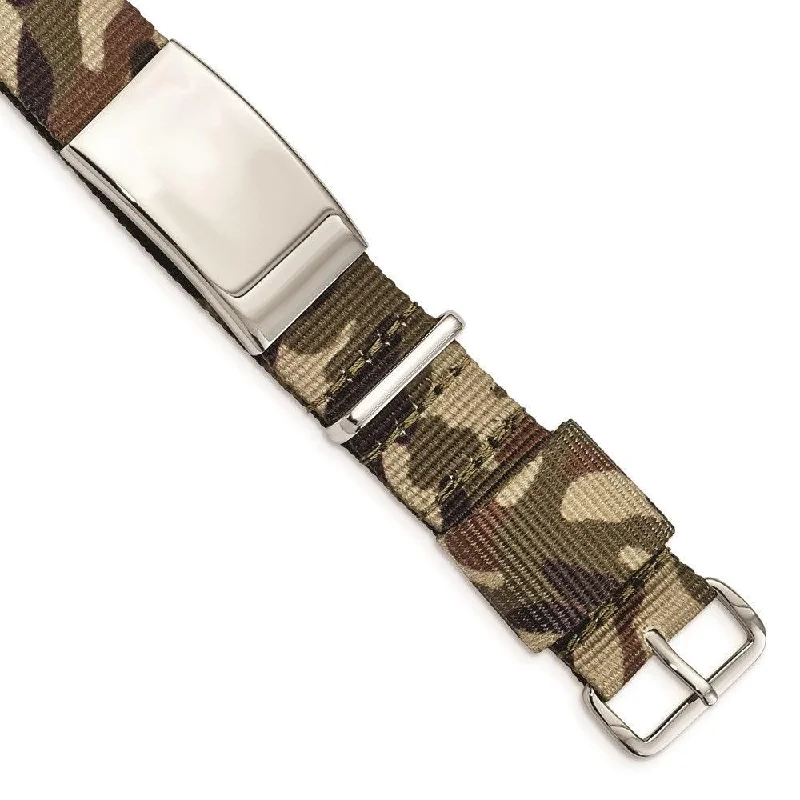 Stainless Steel Polished Brown Camo Fabric Adjustable ID Bracelet