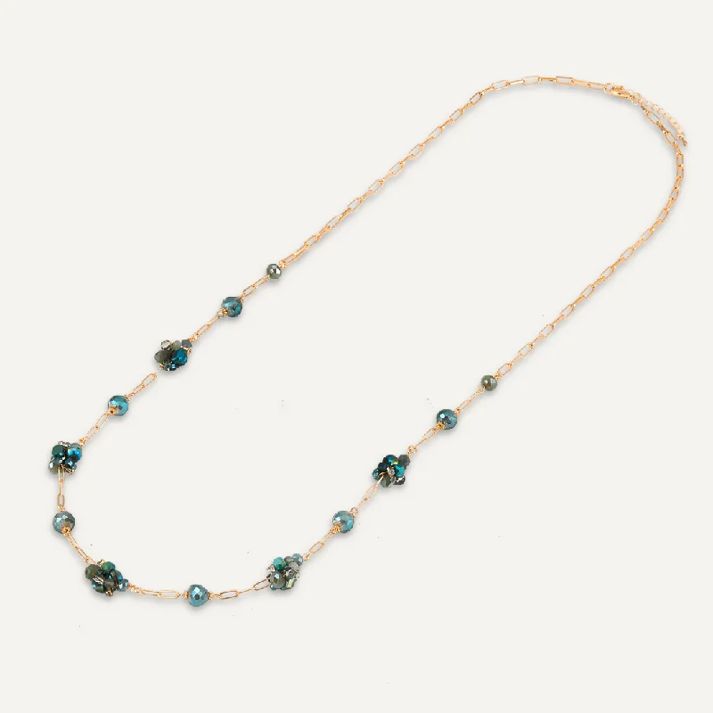 Green Crystal Cluster Long Necklace In Gold-Tone