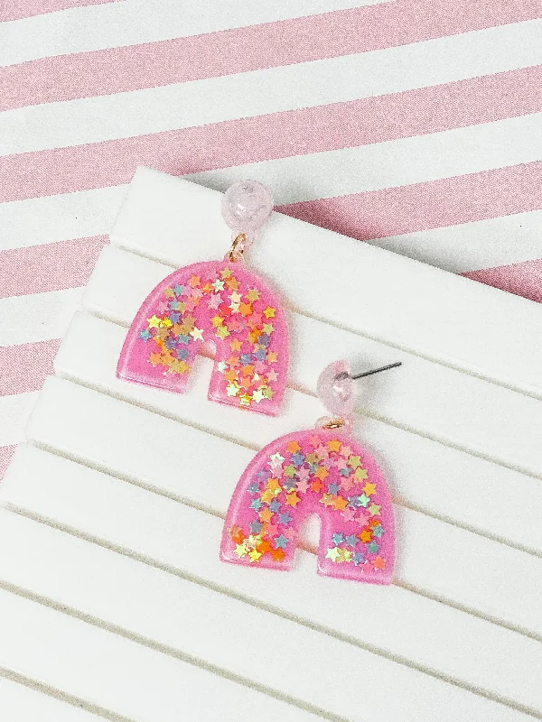 Star Confetti Rainbow Dangle Earrings - Pink