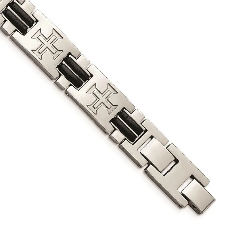 Stainless Steel Polished Black Rubber Cross Adjustable Bracelet